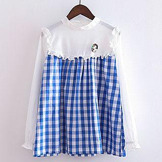 Long-sleeve Frilled Trim Check Blouse