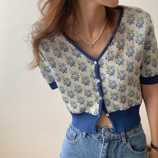 Short Sleeve V-neck Floral Print Cropped Cardigan