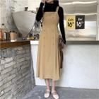 Set: Mock-turtleneck Long-sleeve Top + Double-breasted Midi Jumper Dress