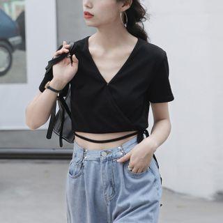 Short-sleeve Lace Up Cropped T-shirt Black - One Size