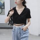 Short-sleeve Lace Up Cropped T-shirt Black - One Size