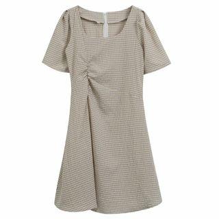 Plaid Ruched Short-sleeve Mini A-line Dress
