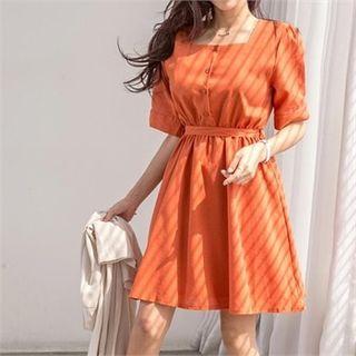 Square-neck Linen Blend Mini Shirtdress With Sash