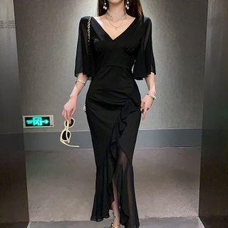 Elbow-sleeve V-neck Ruffle Hem Midi Sheath Dress