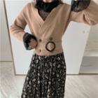 Double-breasted Cardigan / Long-sleeve Mesh Top / Floral Print Midi A-line Skirt