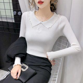 Lettuce Edge Polo-neck Knit Top
