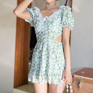 Puff-sleeve Floral Print Cutout Swimdress
