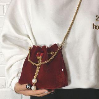 Faux Pearl Velvet Bucket Bag