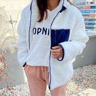 Contrast-trim Sherpa-fleece Jacket Ivory - One Size