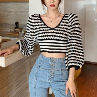 3/4-sleeve Striped Cropped Sweater As Shown In Figure - One Size