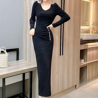 Puff-sleeve Glitter Midi Sheath Dress