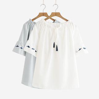 Short-sleeve Bird Embroidered Blouse White - One Size