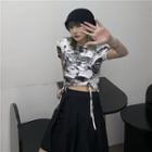 Short-sleeve Tie Dye Drawstring T-shirt White - One Size