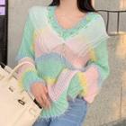 Mesh Panel Color Block Sweater Green & Pink & Blue - One Size