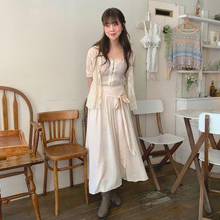 Short-sleeve Lace Cardigan / Shirred Camisole / High-waist Drawstring Skirt