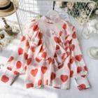 Mock Neck Heart Blouse Red Hearts - White - One Size