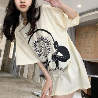 Short-sleeve Graphic Print T-shirt Light Yellow - One Size