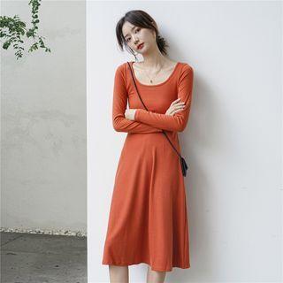 Long-sleeve Scoop-neck Midi A-line Dress
