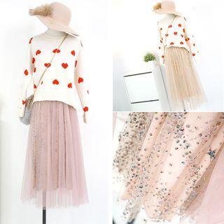 Sequin Mesh Panel A-line Skirt