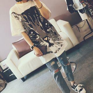Oversized Cat Print Short-sleeve Long T-shirt