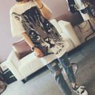 Oversized Cat Print Short-sleeve Long T-shirt
