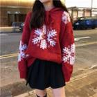 Snowflake Pattern Hooded Long Sweater Red - One Size