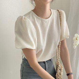 Puff Sleeve Waffle Plain Blouse