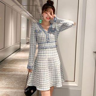 V-neck Houndstooth Long-sleeve Dress