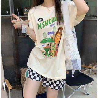 Elbow-sleeve Cartoon Print T-shirt Green Cartoon - White - One Size
