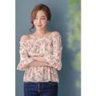 Off-shoulder Elbow-sleeve Floral Print Chiffon Top