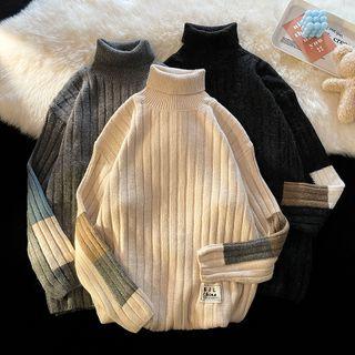 Long-sleeve Turtleneck Applique Color Block Sweater