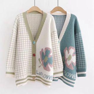 Checked Panel Flower Print Cardigan