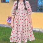 Balloon-sleeve Strawberry Print A-line Dress