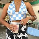 Halter-neck Open-back Plaid Crop Tank Top