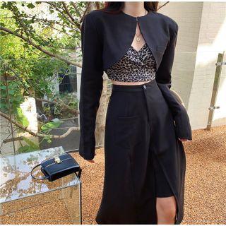 Leopard Print Camisole Top / Plain Cropped Jacket / Midi A-line Skirt