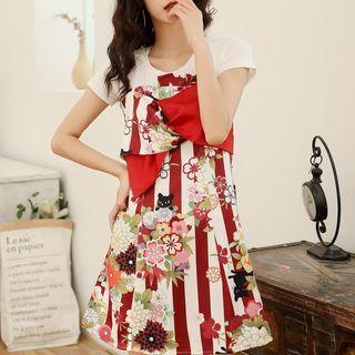 Short-sleeve Floral Printed Striped A-line Mini Dress