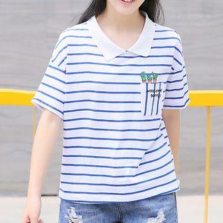 Cactus Print Striped Short Sleeve Polo Shirt / Drawstring Denim Shorts