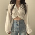 Lantern Sleeve V-neck Twisted Crop Shirt
