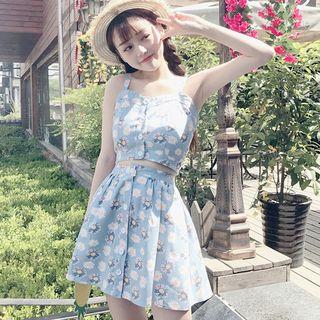 Set: Floral Print Buttoned Cropped Camisole Top + A-line Skirt