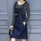 Set: Striped Long-sleeve T-shirt + Buttoned Denim Pinafore Dress