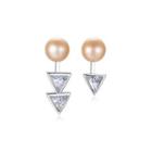 Sterling Silver Fashion Simple Geometric Triangle Pink Freshwater Pearl Stud Earrings With Cubic Zirconia Silver - One Size