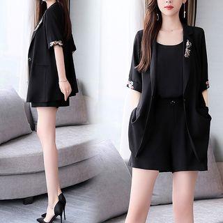 Set: Elbow-sleeve Embroidered Blazer + Spaghetti Strap Top + Wide-leg Shorts