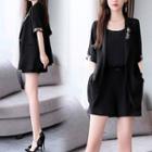 Set: Elbow-sleeve Embroidered Blazer + Spaghetti Strap Top + Wide-leg Shorts