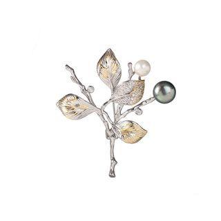 Elegant And Generous Golden Leaf Freshwater Pearl Brooch With Cubic Zirconia Silver - One Size