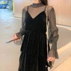 Long-sleeve Mock-neck Glitter Mesh Top / Spaghetti Strap Tiered Midi A-line Velour Dress