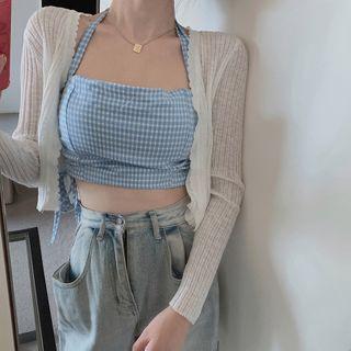 Plain Cardigan / Plaid Halter Crop Top