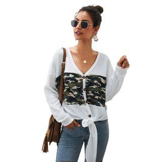 Tie-waist Camouflage Knitted Top