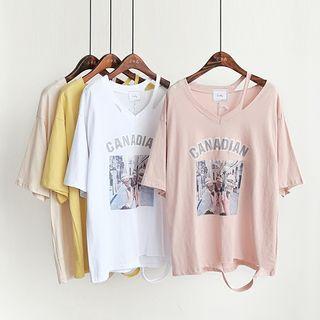 V-neck Printed Cutout Short-sleeve T-shirt