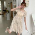 Floral Short-sleeve Square-neck A-line Dress Dress - Almond - One Size