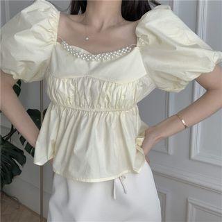 Puff-sleeve Square-neck Pearl Chained Blouse